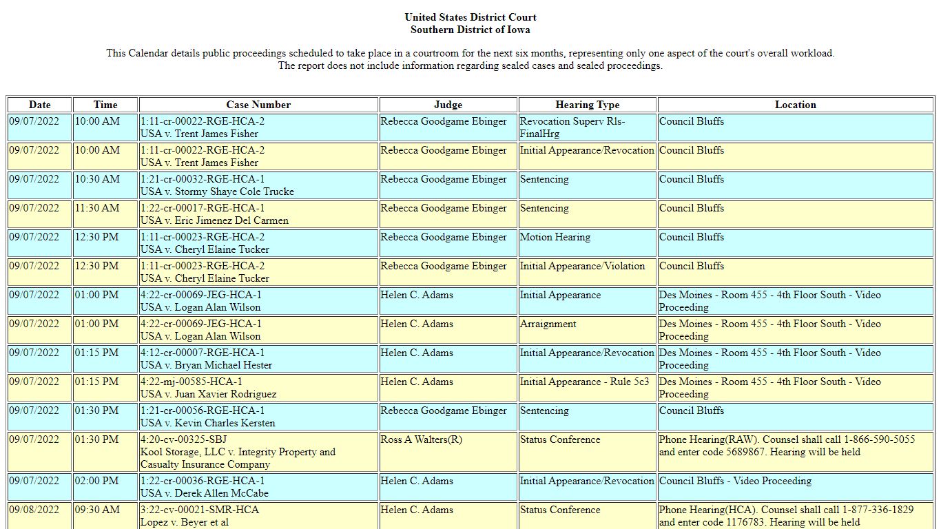 Public Calendar for U.S. District Court - Iowa Southern